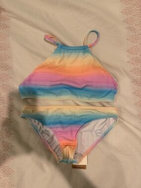 Girls' Rainbow Stripe High-Neck Bikini - Multicolor